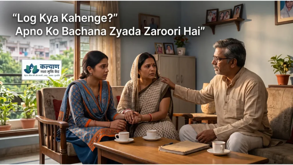 A worried young woman sits with her parents in a living room as Hindi text reads, ‘Log Kya Kahenge? Apno Ko Bachana Zyada Zaroori Hai,’ promoting support over social stigma.